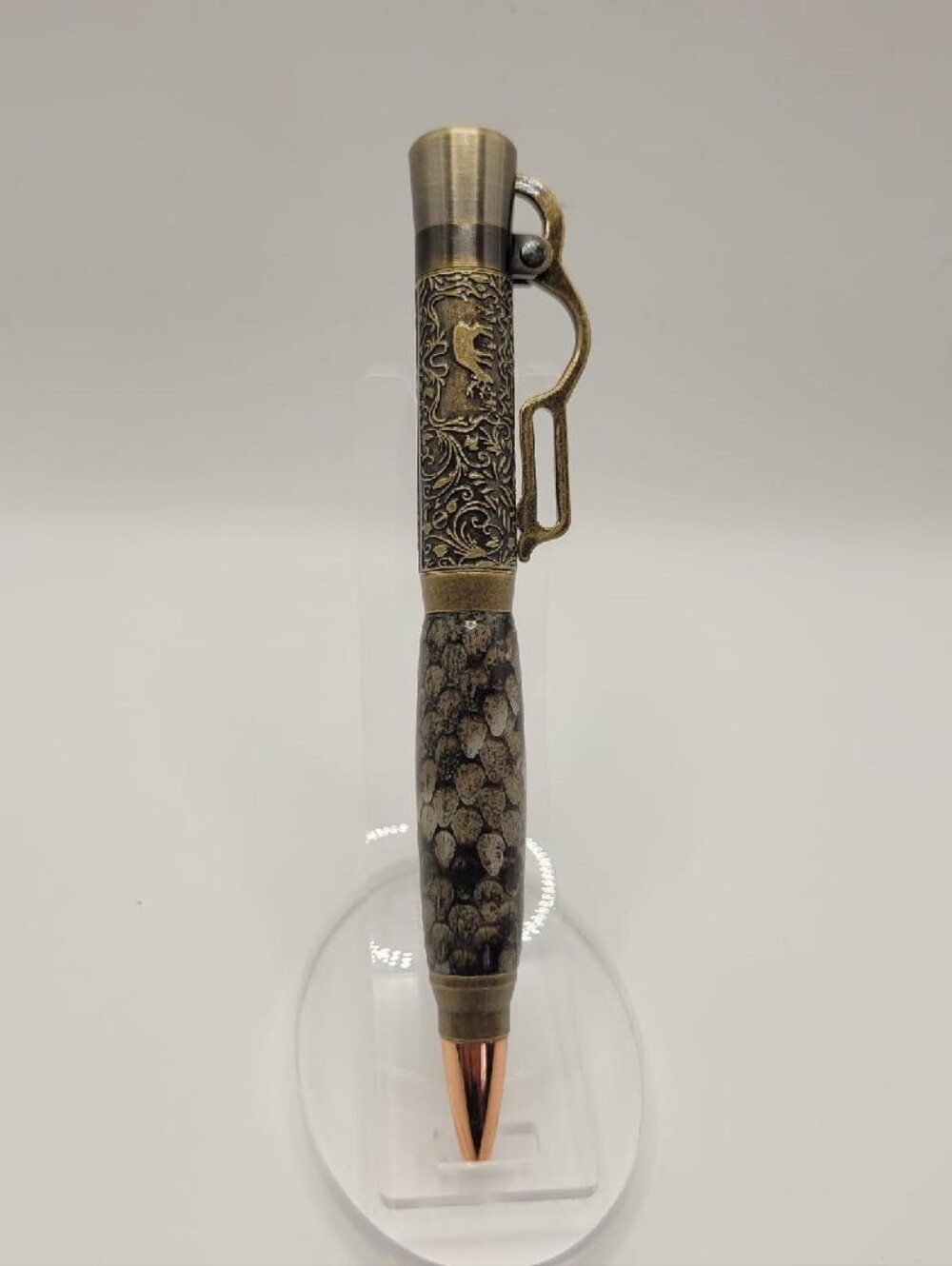 Unique Hand Made Lever Action Pen Dressed In Rattlesnake Skin, Cast In Acrylic